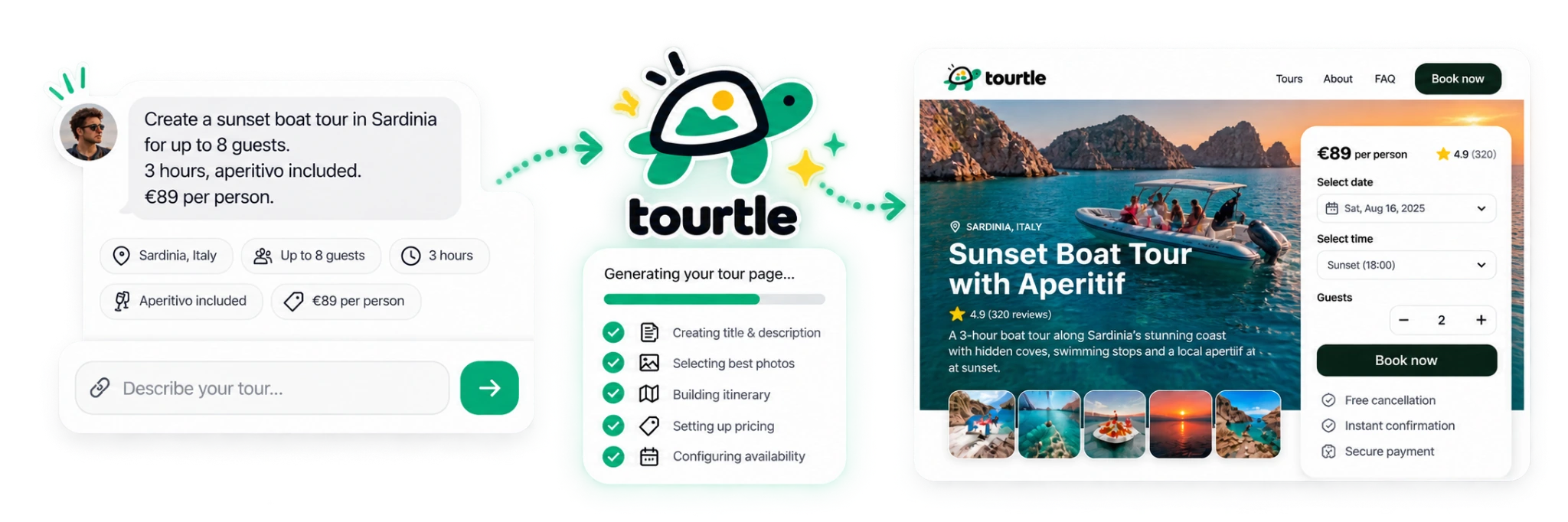 A description of a sunset boat tour becomes a complete booking page