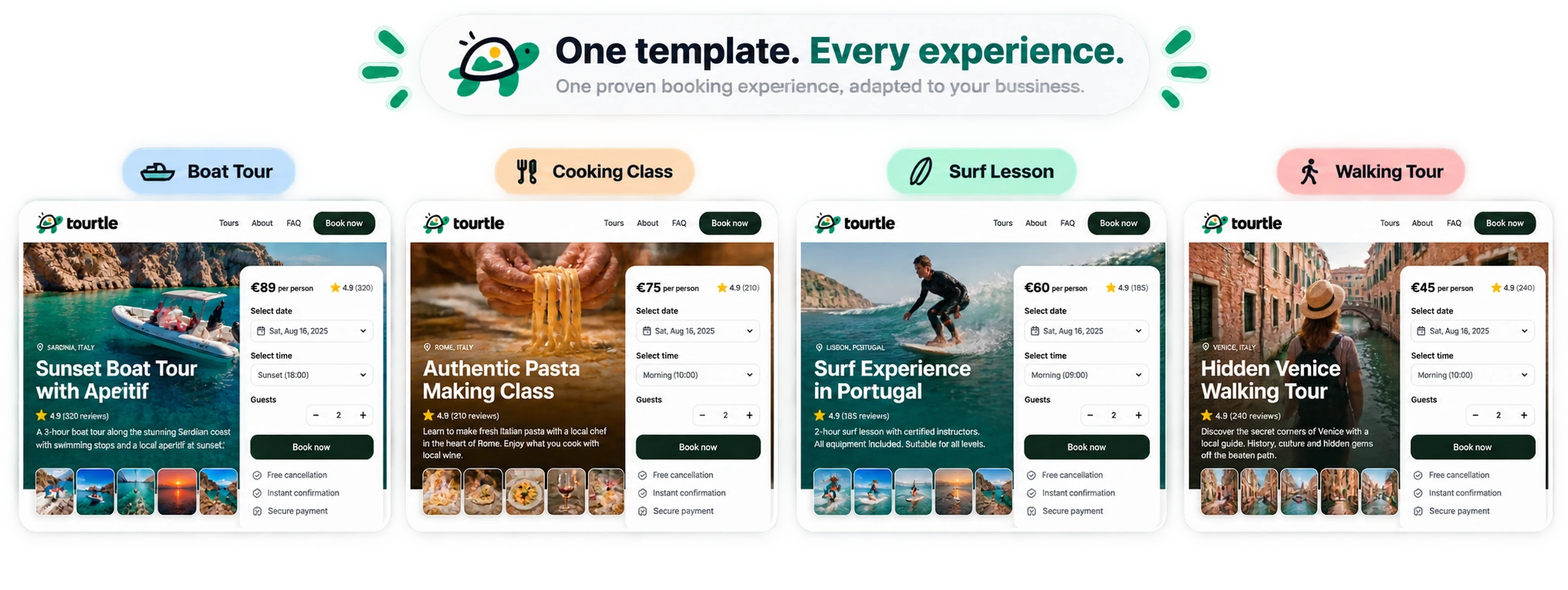 One template. Every experience. Booking pages for boat tours, cooking classes, surf lessons and walking tours